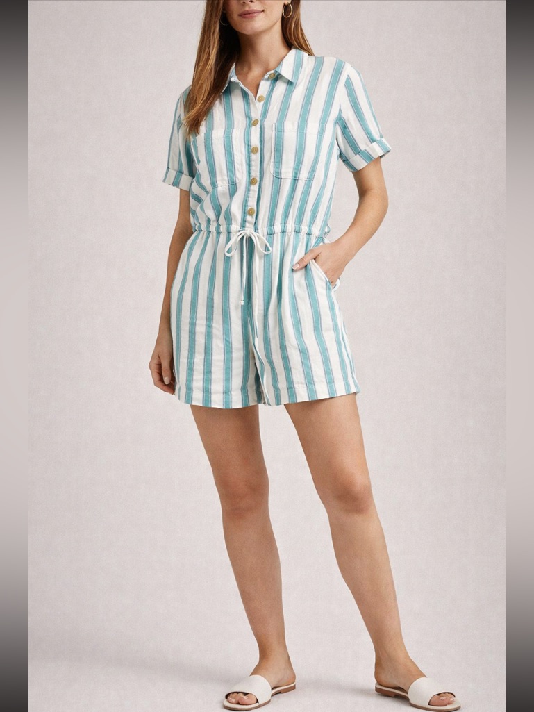 Old Navy Striped Romper Womens Large Green White Cinched Waist Button Front
